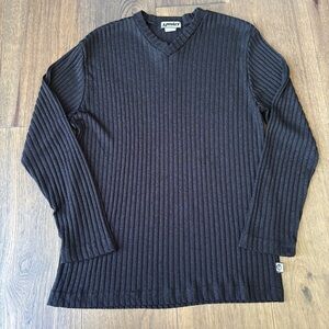 Vtg 90s Y2K YMLO Long Sleeve V-Neck Ribbed See Through Shirt Black Fitted Large